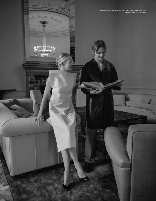 Black-and-white spread — Kelly and Hermès in the villa interior.