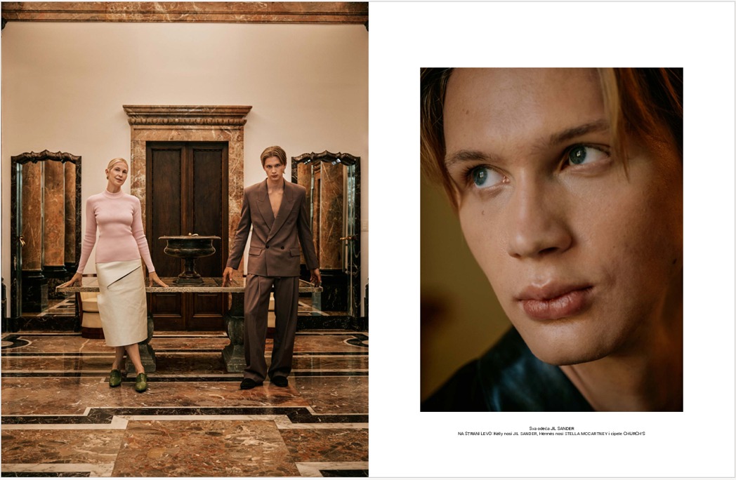 Spread — marble-floored villa entry and close-up portrait of Hermès.