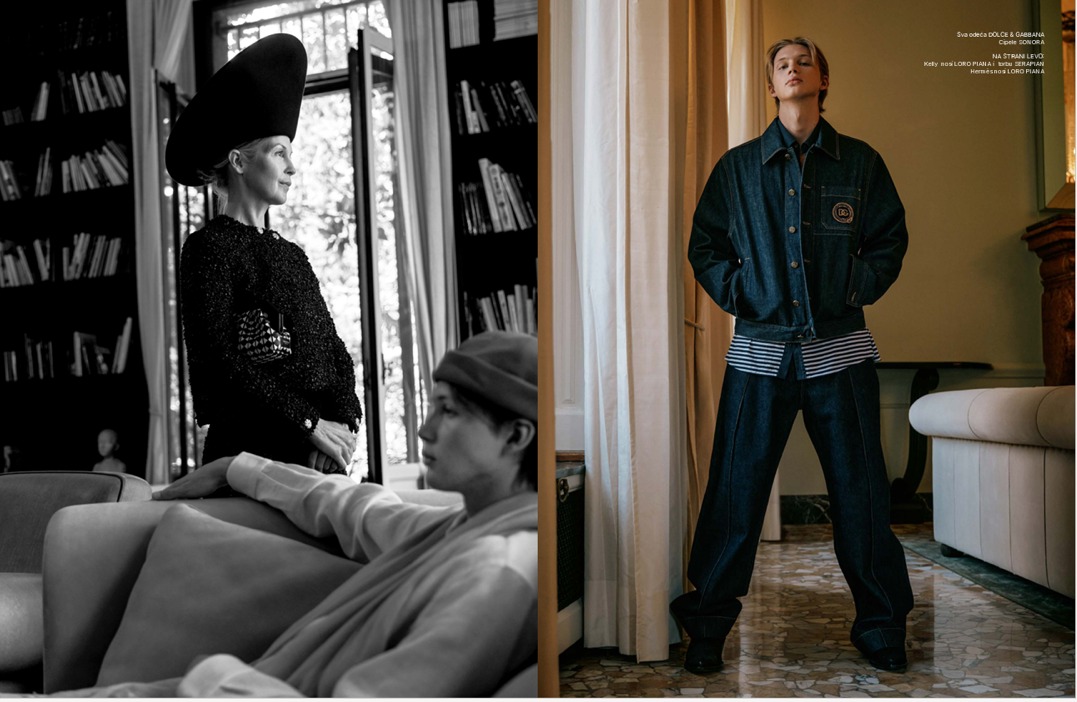 Spread — Kelly in a black wide-brim hat; Hermès standing in a denim jacket.